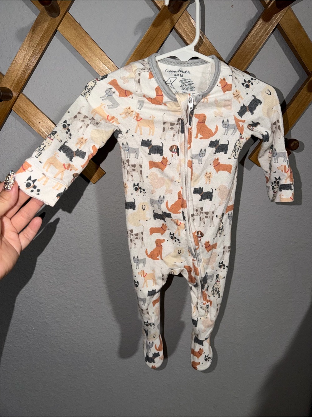 Copper Pearl Cream Dog Print Footed One-Piece